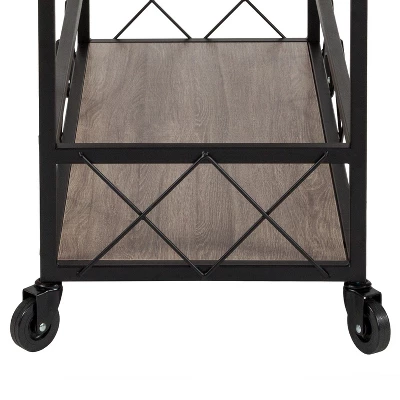 Merrick Lane Rolling Kitchen Serving And Bar Cart With Shelves And Wine Glass Holders In Distressed Light Oak Wood And Black Iron - Image 10