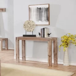 40" Woodstock Acacia Wood With Metal Inset Media Console Table Brushed Driftwood - Alaterre Furniture