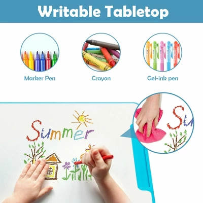 Costway Height Adjustable Kids Study Table And Chair Set W/Bookstand & Light Pink/Light Blue - Image 8