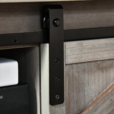 HOMCOM Farmhouse Style Console Table With Sliding Barn Doors And 4 Open Storage Compartments And Elevated Base, Gray - Image 4