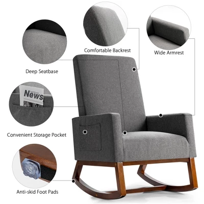 Costway Mid Century Retro Fabric Upholstered Rocking Chair Nursery Armchair Gray - Image 7