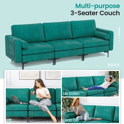 Costway Modular 3-Seat Sofa Couch W/ Socket USB Ports & Side Storage Pocket Teal - Image 7