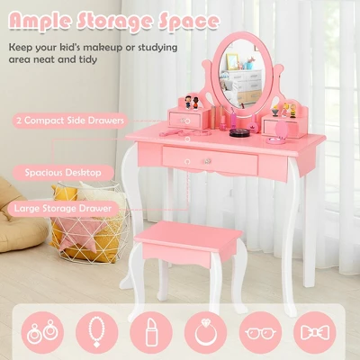 Costway Kids Vanity Princess Makeup Dressing Table Stool Set W/ Mirror Drawer - Image 6