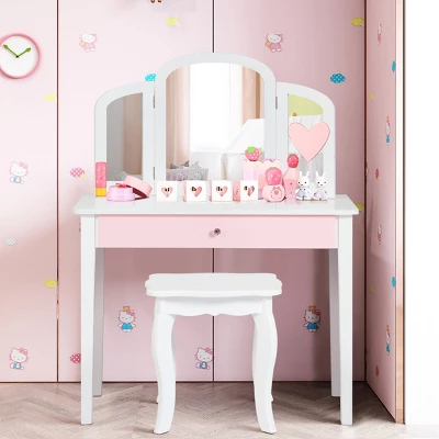 Costway Kids Vanity Set Princess Makeup Dressing Play Table Set W/Mirror White Pink - Image 8
