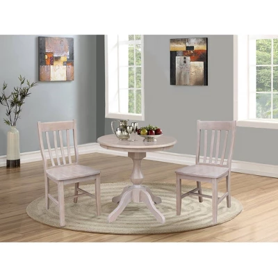 3pc Solid Wood 30"x30" Round Pedestal Dining Table And 2 Cafe Chairs Washed Gray Taupe - International Concepts - Image 9