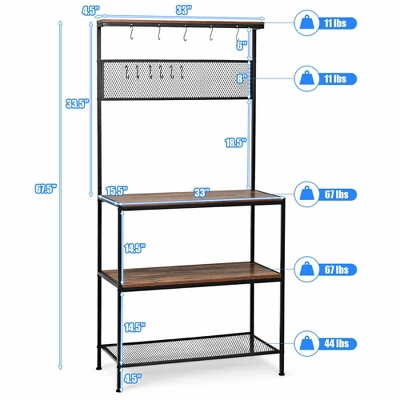 Costway 4-Tier Kitchen Bakers Rack Microwave Oven Stand Industrial W/Hooks & Mesh Panel - Image 2
