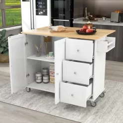 52.7 In. W Mobile Kitchen Island With Drop Leaf Wood Top, Spice Rack And Locking Wheels-ModernLuxe