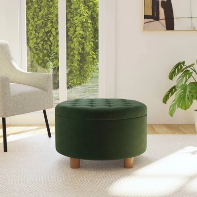 Tufted Round Storage Ottoman Loden Green Velvet - HomePop - Image 2