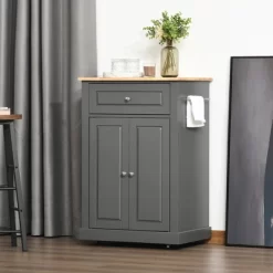 HOMCOM Rolling Kitchen Island Cart, Portable Serving Trolley Table With Drawer, Adjustable Shelf And 2 Towel Racks, Gray