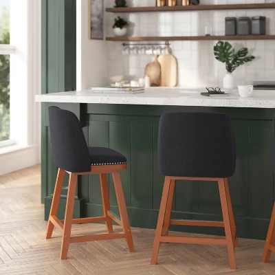 Merrick Lane Set Of 2 Charcoal Faux Linen Upholstered 24" Counter Stools With Nail Head Accent Trim And Walnut Wood Frames - Image 3