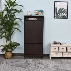 HOMCOM Trendy Shoe Storage Cabinet With 3 Large Fold-Out Drawers & A Spacious Top Surface For Small Items, Espresso