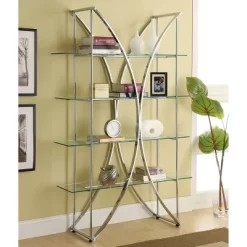 72.5" Contemporary 4 Shelf Bookcase With Glass Shelves Chrome - Coaster
