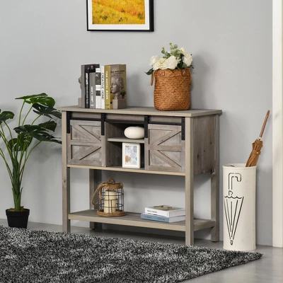 HOMCOM Farmhouse Style Console Table With Sliding Barn Doors And 4 Open Storage Compartments And Elevated Base, Gray - Image 2