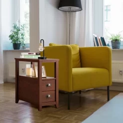 Tangkula Retro Wooden Side End Table Rectangular Nightstand With 2 Drawers And Shelf Coffee/Brown