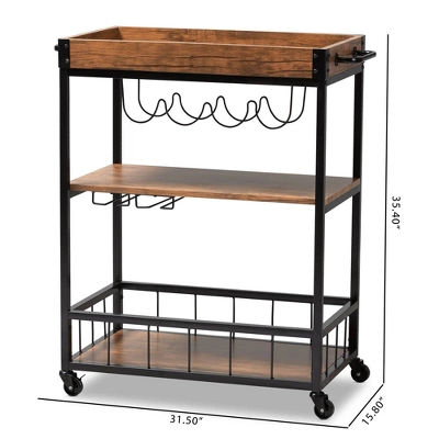 Cerne Oak And Finished Mobile Metal Bar Cart With Wine Bottle Rack Brown - Baxton Studio - Image 9