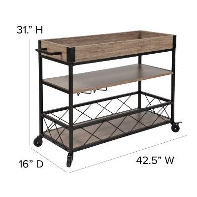 Merrick Lane Rolling Kitchen Serving And Bar Cart With Shelves And Wine Glass Holders In Distressed Light Oak Wood And Black Iron - Image 8