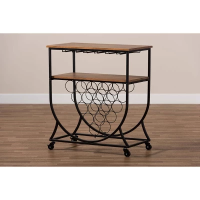 Dania Antique Vintage Industrial Metal And Wood Mobile Wine Bar Cart Black/Walnut - Baxton Studio - Image 7
