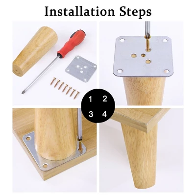 Unique Bargains Wood Furniture Legs Round Solid With Mounting Plate Replacement Feets Set Of 4 - Image 3
