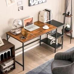 Costway 55'' Computer Desk Writing Workstation Study Table Home Office With Bookshelf Black/Rustic