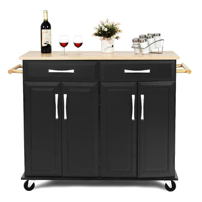 Costway Rolling Kitchen Trolley Island Black Cart Wood Top Storage Cabinet Utility W/ Drawers - Image 6