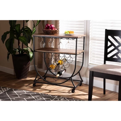 Dania Antique Vintage Industrial Metal And Wood Mobile Wine Bar Cart Black/Walnut - Baxton Studio - Image 6