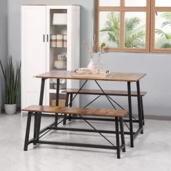 HOMCOM Industrial 3-Piece Dining Table Set, Rectangular Kitchen Table And Chairs For 4 People, Space-Saving Dinner Table Two Benches, Rustic Brown