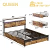 HAUSOURCE Queen Size Platform Bed Frame With Headboard, 4 Storage Drawers, Color Changing Lights, 2 Charging Outlets And 2 USB Ports, Rustic Brown