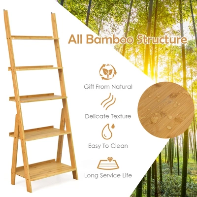 Costway 5-Tier Bamboo Ladder Shelf Bookshelf Display Storage Rack Flower Stand - Image 4