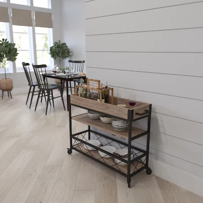 Merrick Lane Rolling Kitchen Serving And Bar Cart With Shelves And Wine Glass Holders In Distressed Light Oak Wood And Black Iron