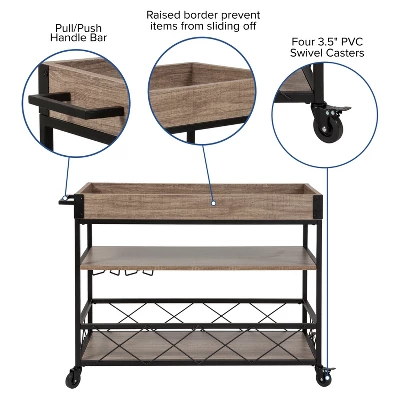 Merrick Lane Rolling Kitchen Serving And Bar Cart With Shelves And Wine Glass Holders In Distressed Light Oak Wood And Black Iron - Image 7