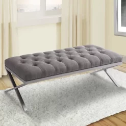 Milo Bench In Brushed Stainless Steel Finish With Gray Fabric - Armen Living