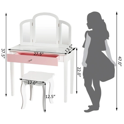 Costway Kids Vanity Set Princess Makeup Dressing Play Table Set W/Mirror White Pink - Image 4