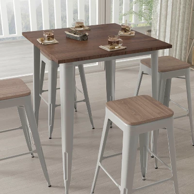Merrick Lane 5 Piece Bar Table And Stools Set With 31.5" Square Silver Metal Table With Wood Top And 4 Matching Bar Stools - Image 2