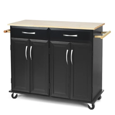 Costway Rolling Kitchen Trolley Island Black Cart Wood Top Storage Cabinet Utility W/ Drawers - Image 9