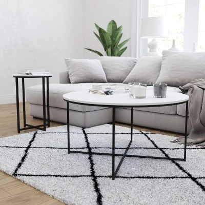Merrick Lane Round Coffee Table Set - 3 Piece Coffee Table Set With Crisscross Frame - Coffee Table & 2 End Tables - Image 7