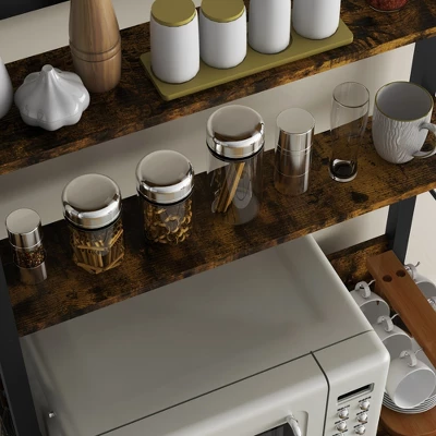 HOMCOM Kitchen Bakers Rack, Microwave Stand, Coffee Bar With Adjustable Shelves, 4 Hooks For Spices, Pots And Pans, Rustic Brown - Image 4