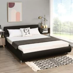 Costway Queen Faux Leather Upholstered Platform Bed Adjustable Headboard Black