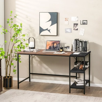 Costway 55'' Computer Desk Writing Workstation Study Table Home Office With Bookshelf Black/Rustic - Image 4