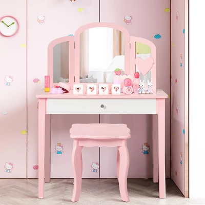 Costway Kids Vanity Set Princess Makeup Dressing Play Table Set W/Mirror White Pink - Image 9