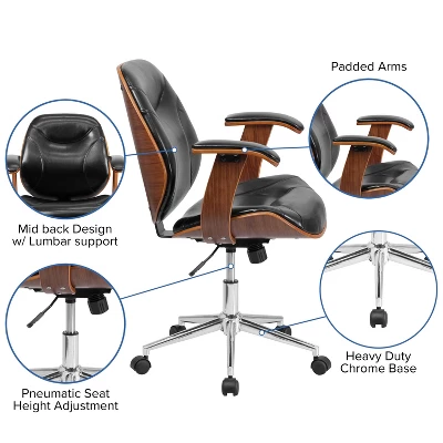 Merrick Lane Mid-Back Ergonomic Office Chair Executive Swivel Bentwood Frame Desk Chair In Black Faux Leather - Image 8