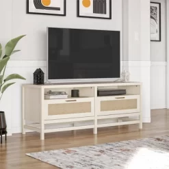 Latta TV Stand For TVs Up To 60" With Faux Rattan Ivory Oak - Room & Joy