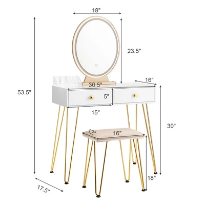 Costway Vanity Makeup Dressing Table W/ 3 Lighting Modes Mirror Touch Switch White - Image 3