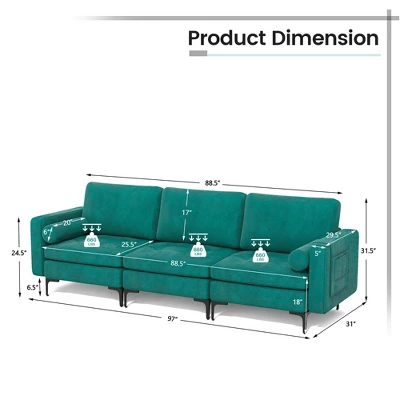 Costway Modular 3-Seat Sofa Couch W/ Socket USB Ports & Side Storage Pocket Teal - Image 4