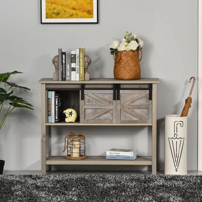 HOMCOM Farmhouse Style Console Table With Sliding Barn Doors And 4 Open Storage Compartments And Elevated Base, Gray - Image 5