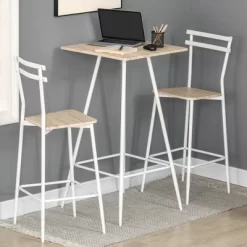 HOMCOM Bar Table And Chairs Set, 3 Piece Dining Table Set For 2 With Steel Frame And Footrest For Bar And Kitchen, White/Oak