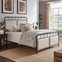 Queen Rathbone Nailhead Trim Upholstered Metal Bed Black/Oatmeal - Inspire Q