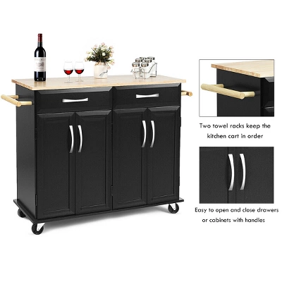 Costway Rolling Kitchen Trolley Island Black Cart Wood Top Storage Cabinet Utility W/ Drawers - Image 5