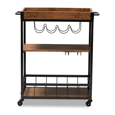 Cerne Oak And Finished Mobile Metal Bar Cart With Wine Bottle Rack Brown - Baxton Studio - Image 4