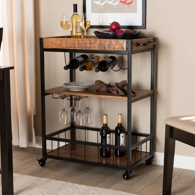 Cerne Oak And Finished Mobile Metal Bar Cart With Wine Bottle Rack Brown - Baxton Studio - Image 7