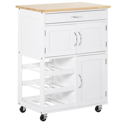 HOMCOM Bar Cart Rolling Kitchen Island On Wheels With 9-Bottle Wine Rack, Small Kitchen Cart Kitchen Storage Cabinets, Wooden Countertop, White - Image 3